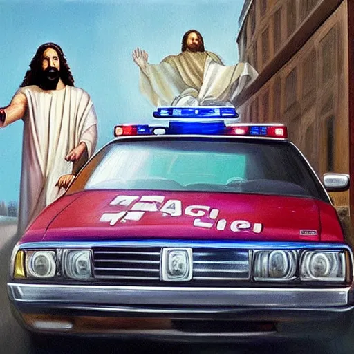 Prompt: hyperrealism painting of jesus christ on top of a police car in a police chase