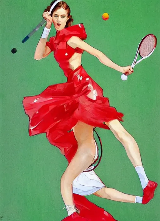 Prompt: copic maker art nouveau portrait of a russian girl playing tennis at high speed on a grass court wearing a futuristic red latex suit and a puffy skirt designed by balenciaga by john berkey norman rockwell