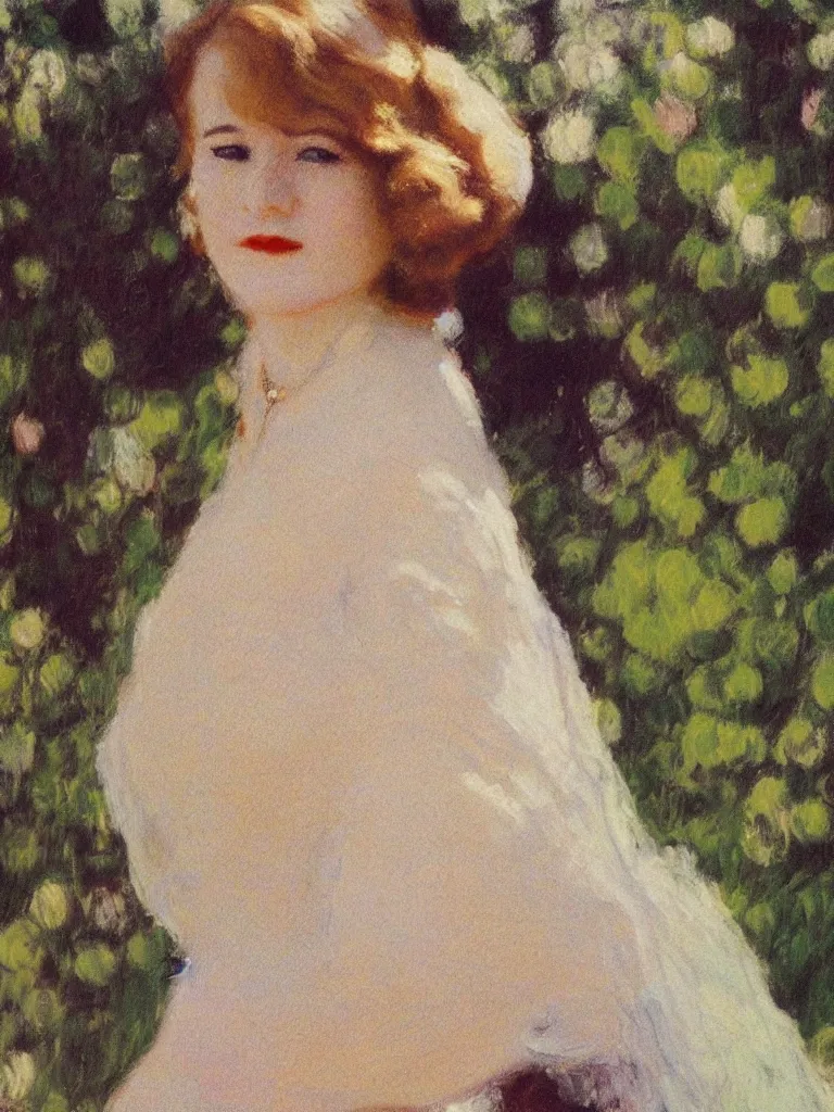 Image similar to portrait of < zelda fitzgerald > as a beautiful young lady wearing 1 9 2 0 s fashion, blurry face, brown hair, slim, fair, severe out of focus, depth of field, pleinairism, in the sun, backlit, closeup, oil on canvas, atr by monet, in the style of le promenade, smooth, impressionnisme, 8 k