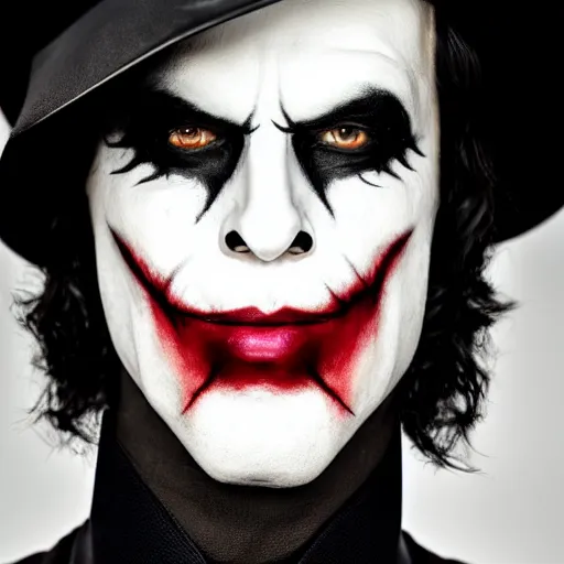 Image similar to a male model wearing a black leather hat in joker makeup, frontal view, cool looking