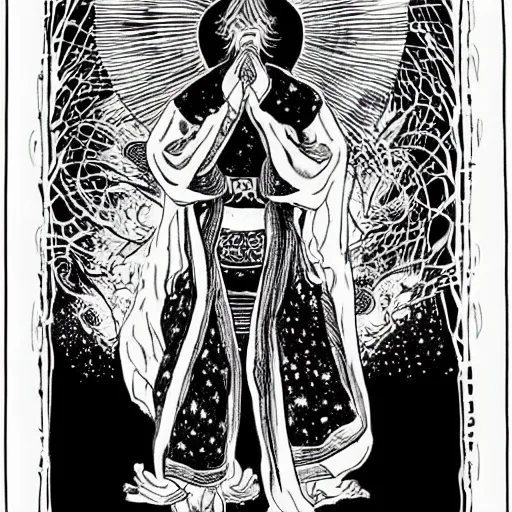 Image similar to black and white pen and ink!!!!!!! Suprani!!!!! wizard Nick Drake wearing High Royal flower print robes flaming!!!! final form flowing ritual royal!!! Cosmic battle stance Vagabond!!!!!!!! floating magic swordsman!!!! glides through a beautiful!!!!!!! Camellia!!!! Tsubaki!!! death-flower!!!! battlefield behind!!!! dramatic esoteric!!!!!! Long hair flowing dancing illustrated in high detail!!!!!!!! by Hiroya Oku!!!!!!!!! graphic novel published on 2049 award winning!!!! full body portrait!!!!! action exposition manga panel black and white Shonen Jump issue by David Lynch eraserhead and beautiful line art Hirohiko Araki!! Frank Miller, Kentaro Miura!, Jojo's Bizzare Adventure!!!! 3 sequential art golden ratio technical perspective panels horizontal per page