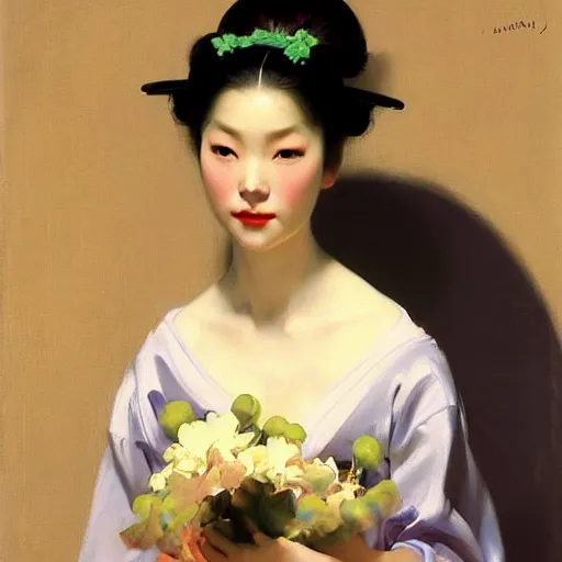 Prompt: yanjun cheng portrait of a beautiful geisha android holding flowers by norman rockwell, bouguereau