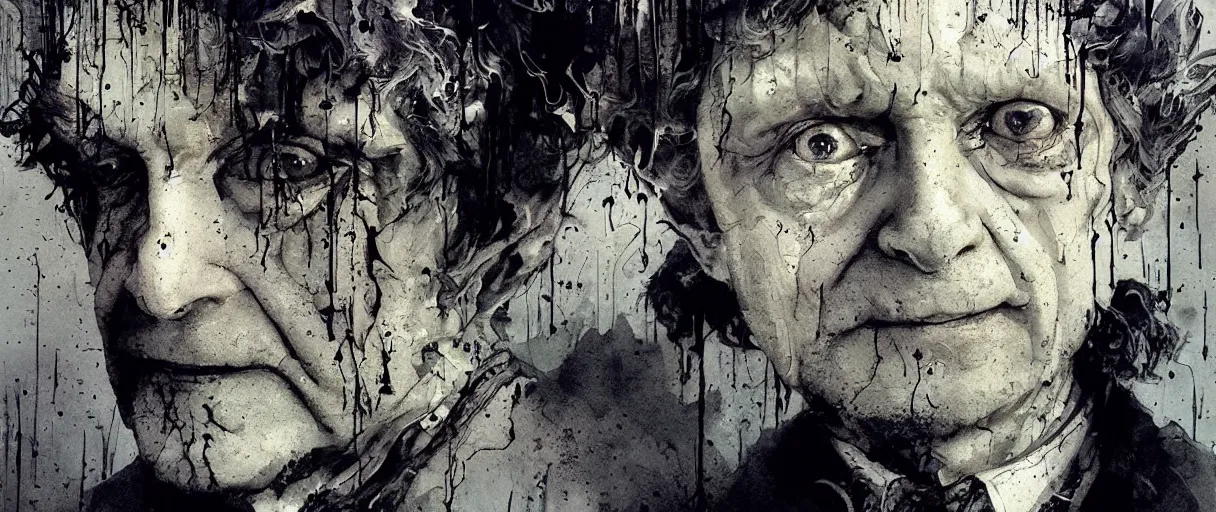 Image similar to portrait of scary bilbo baggins from lord of the rings by emil melmoth zdzislaw beksinki craig mullins yoji shinkawa realistic render ominous detailed photo atmospheric by jeremy mann francis bacon and agnes cecile ink drips paint smears digital glitches glitchart