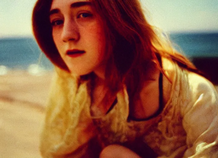 Prompt: color film photography 1970s, Saoirse Ronan, soft focus, Saoirse Ronan, golden hour, soft light, 35mm, film photo, nan goldin