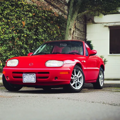 Prompt: 105mm photo of car full view mid distance photograph red Mazda Miata parked on street from 1990