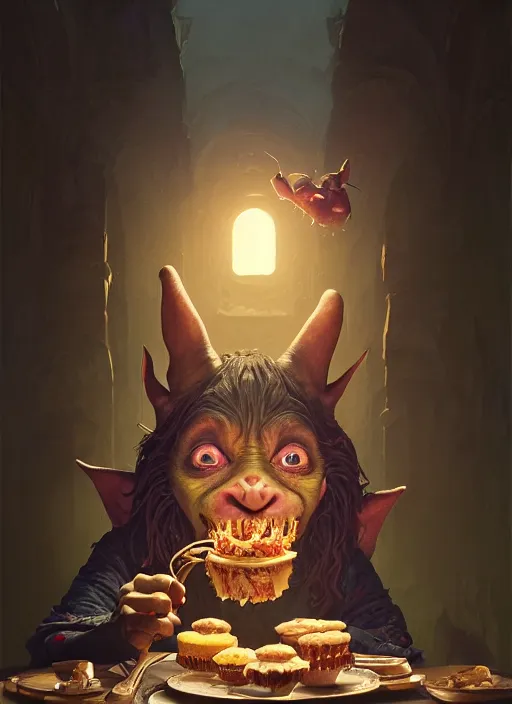 Prompt: highly detailed portrait of a medieval goblin eating cakes, stephen bliss, unreal engine, greg rutkowski, loish, rhads, beeple, makoto shinkai and lois van baarle, ilya kuvshinov, rossdraws, tom bagshaw, tom whalen, alphonse mucha, global illumination, god rays, detailed and intricate environment