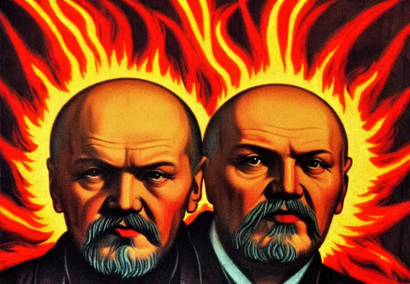 Prompt: lenin in hell, icon with a halo of fire, scary detailed art in color