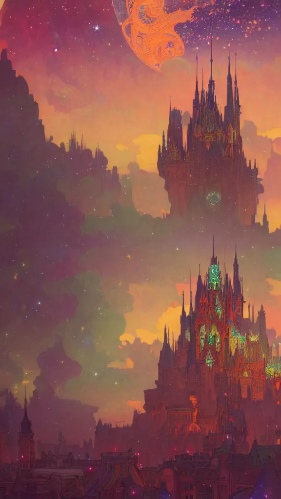 Image similar to a beautiful highly detailed matte painting of colorful castle nebulas by moebius, alphonse mucha, stars in the background, highly detailed, intricate design, cinematic view, 8 k resolution, octane render, trending on artstation and cgsociety