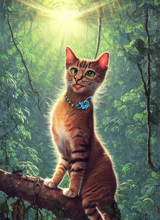 Prompt: a hyper realistic cat god with happy lighting and technology jewelry in the woods gorgeous lighting, sunbeams blue sky, lush forest foliage painting by chiara bautista and beksinski and norman rockwell and greg rutkowski weta studio, and lucasfilm