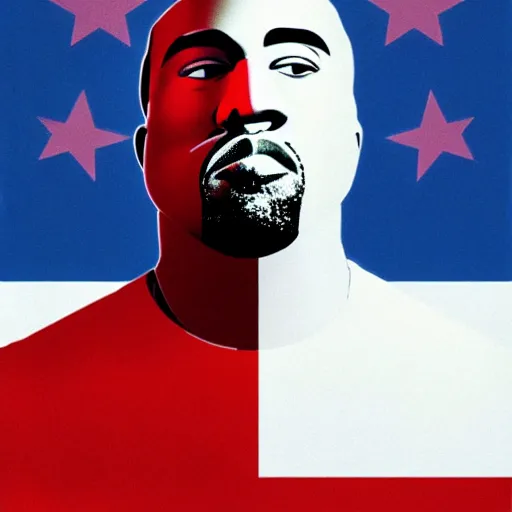 Prompt: Russian Propaganda Soviet illustrated poster of Kanye West as President standing in front of a USA America flag