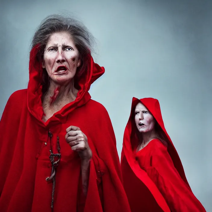 Image similar to closeup portrait of an angry woman in a red cloak, standing next to a red devil monster, by Annie Leibovitz and Steve McCurry, natural light, detailed face, CANON Eos C300, ƒ1.8, 35mm, 8K, medium-format print