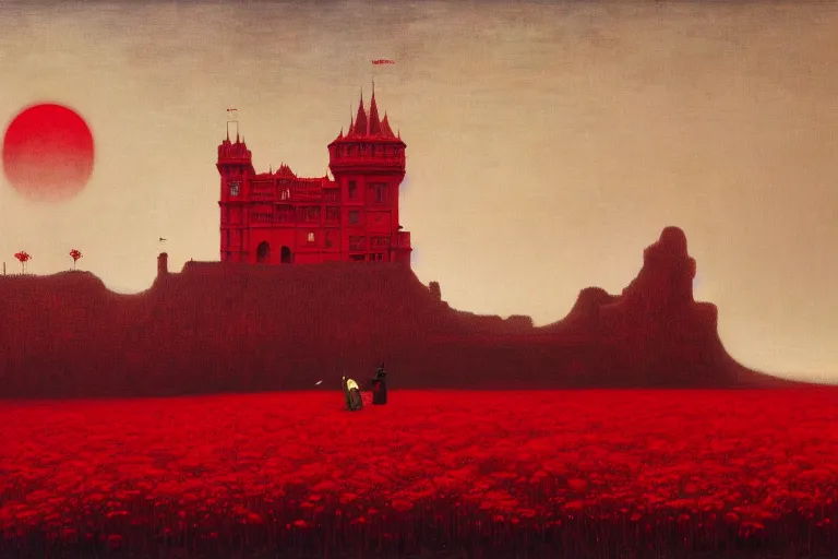 Image similar to only with red, red flowers of different types, red castle in background, red medieval goblins, in the style of beksinski, parts by edward hopper, parts by rodcenko, parts by yue minjun, intricate and epic composition, red by caravaggio, insanely quality, highly detailed, masterpiece, red light, artstation, 4 k