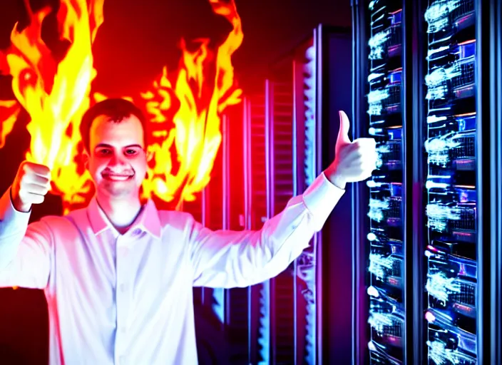 Image similar to A photo of a system administrator doing a thumb up to the camera in front on burning servers, servers in flames, happy system administrator doing a thumb up, uncropped, full body