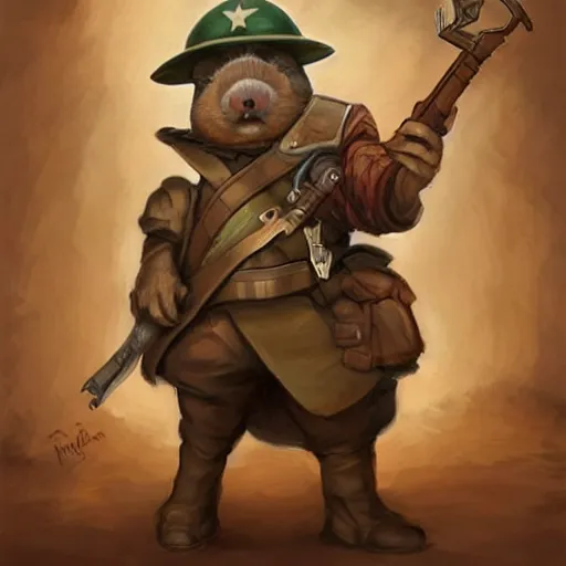 Image similar to cute little anthropomorphic Guinea Pig Soldier wielding a revolver in city, tiny, small, short, WW1 USA outfit, cute and adorable, pretty, beautiful, DnD character art portrait, matte fantasy painting, DeviantArt Artstation, by Jason Felix by Steve Argyle by Tyler Jacobson by Peter Mohrbacher, cinematic lighting