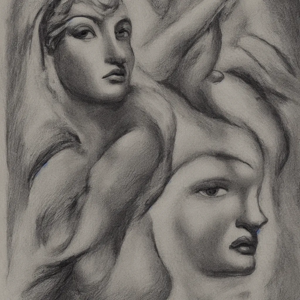 Prompt: portrait of a goddess face looking directly into the camera multiplying to infinity in the style of abercrombie, gertrude, in the style of archipenko, alexander