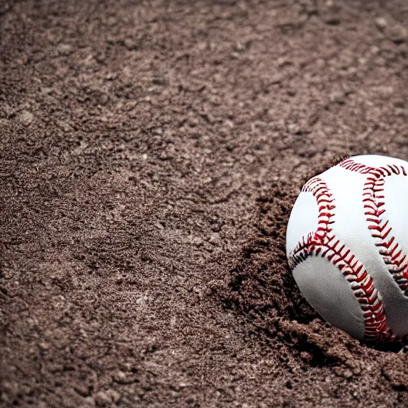 Image similar to a 4 k photorealistic photo close up of a baseball laying in the dirt