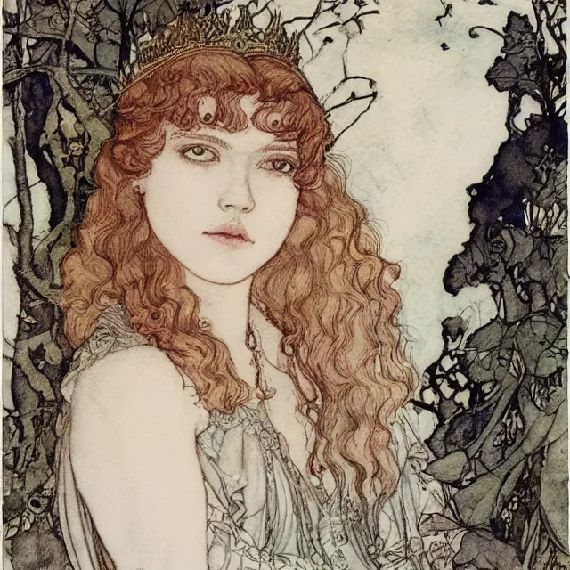 Image similar to a detailed, intricate watercolor and ink portrait illustration with fine lines of young 1 4 year old scarlett johannson looking over her shoulder as a fairytale princess, by arthur rackham and edmund dulac and lisbeth zwerger