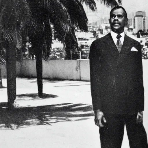 Image similar to vintage photo of a black man wearing a black suit in front of rio de janeiro