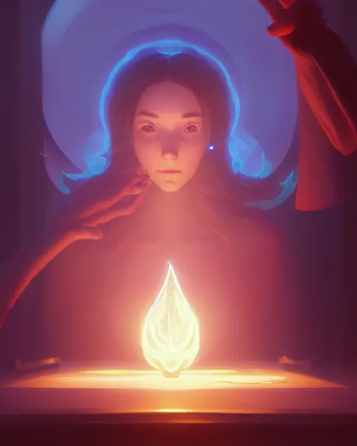 Image similar to highly detailed vfx portrait of a mage casting a light spell, unreal engine, greg rutkowski, loish, rhads, beeple, makoto shinkai and lois van baarle, ilya kuvshinov, rossdraws, tom bagshaw, alphonse mucha, global illumination, detailed and intricate environment