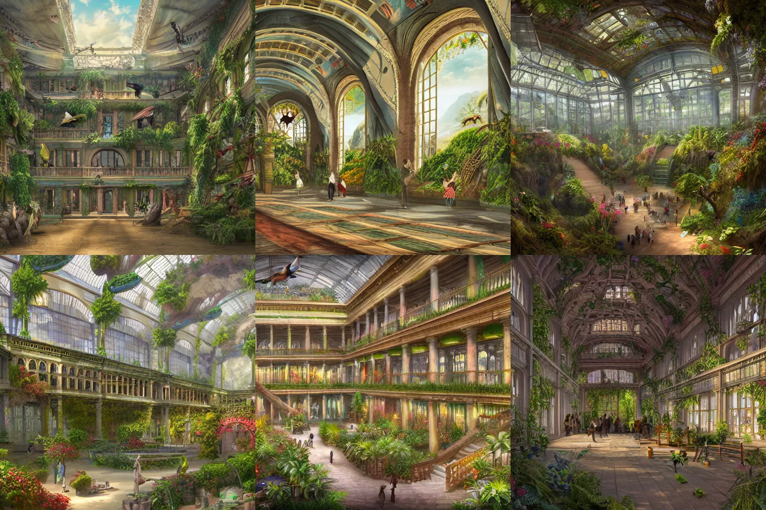 Prompt: Matte painting of the interior view of giant botanical museum. 19th century architecture. colorful birds flying. Fantastical, detailed digital art trending in artstation