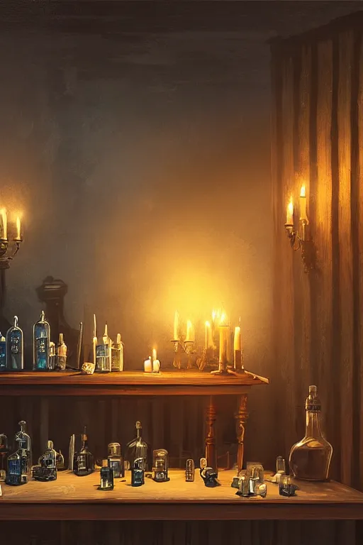 Prompt: a matte painting gothic counter parlor with bottles of potions and flickering candles by alena aenami