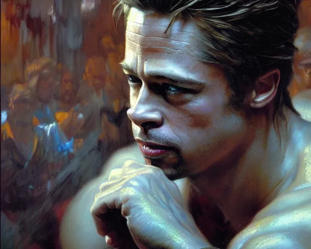 Prompt: attractive brad pitt as seen in the movie fight club. highly detailed painting by gaston bussiere, craig mullins, j. c. leyendecker 8 k