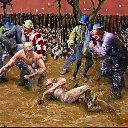 Prompt: 3 drunks fall over mud - wrestling,, where's wally, oil painted ( ( ( ( ( ( by salvador dali ) ) ) ) ) )