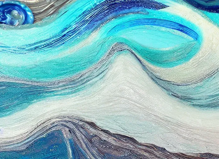 Prompt: an ocean wave transformed in resin and fossialized, colors, pale, highlights, artistic