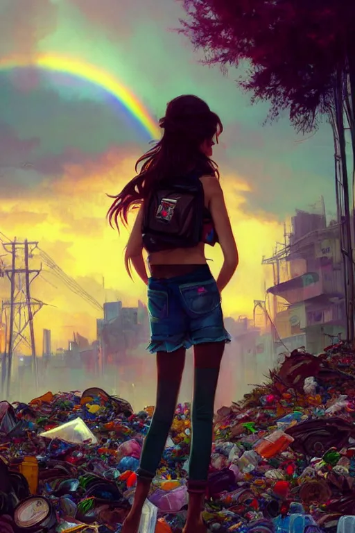 Image similar to teenage beauty girl mini hort with backpack looking at food at garbage dump, destroyed cars, city is pure wasteland, moody sunset background, rays of sunlights, ( ( ( rainbow ) ) ), high details, sharp, photorealism, cinematic, greg rutkowski, alphonse mucha, trending on artstation, artgerm, unreal engine, highly detailed