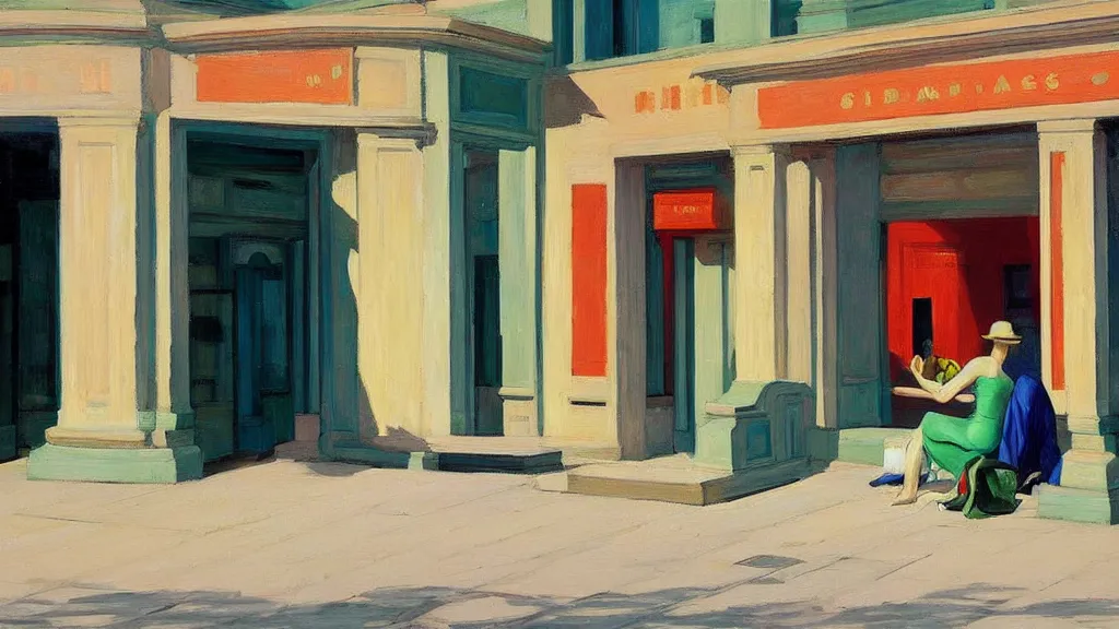 Image similar to Street art. paralyzed by the indescribable beauty of the cosmos. facade of the entrance to the museum. art style by Edward Hopper daring, incredible