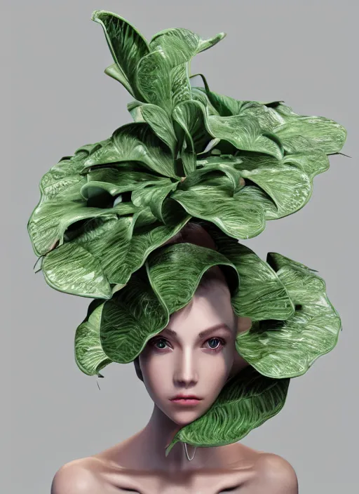 Image similar to complex intricate 3 d render hyper detailed ultra sharp of a cyborg beautiful porcelain woman with big leaves and stems in her hair, overgrown foliage, fungi pores, octane, 8 k,