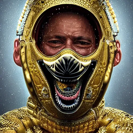 Image similar to portrait_of_a_Thug_with_Gold_Teeth_Smiling_through_Ski_Mask._intricate_abstract._intricate_artwork._by_Tooth_Wu_wlop_beeple_dan_mumford._octane_render_trending_on_artstat