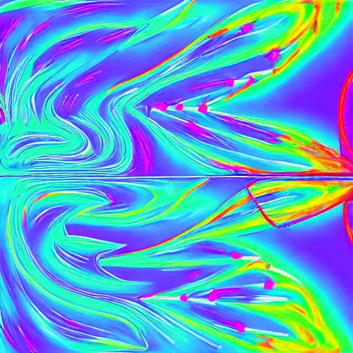 Image similar to a CFD Simulation of a spaceshuttle, Colourful, Multiphase flow