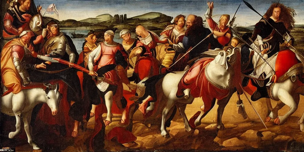 Prompt: renaissance-style painting of knights riding orcas instead of horses on a battlefield in Italy, very dramatic atmosphere,