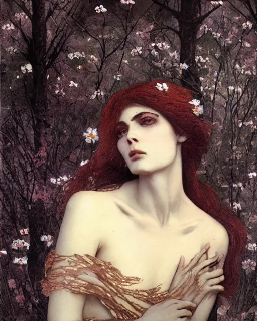 Image similar to a beautiful but sinister and creepy woman in layers of fear, with haunted eyes, violence in her eyes, 1 9 7 0 s, seventies, delicate embellishments, a little blood, woodland, moonlight shining on wildflowers, painterly, offset printing technique, by alexandre cabanel