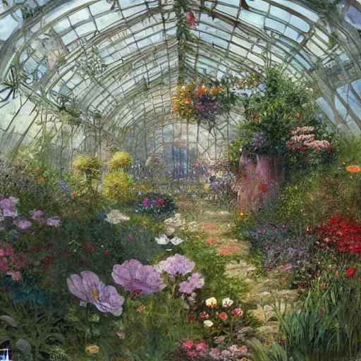 Prompt: a beautifull intricate greenhouse with many flowers, reflexions, verry high details by william turner art, greg rutkowski and alphonse mucha, and moebius, trending on artstation, very very detailed, masterpiece, - h 7 0 4