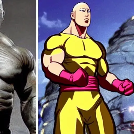 Image similar to dwayne the rock johnson cosplaying as saitama of one punch man