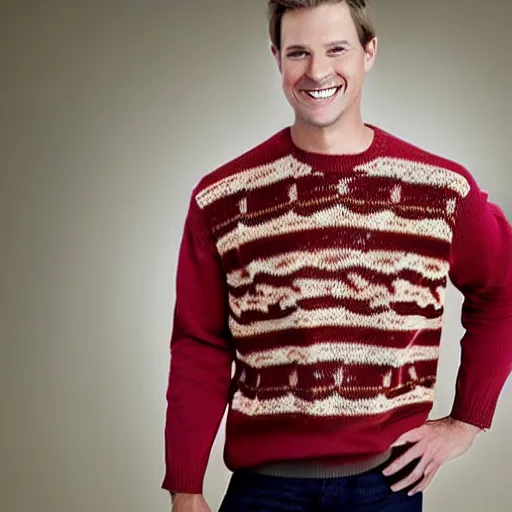 Image similar to model wearing a sweater of bacon weave, product photo, jc penny catalog