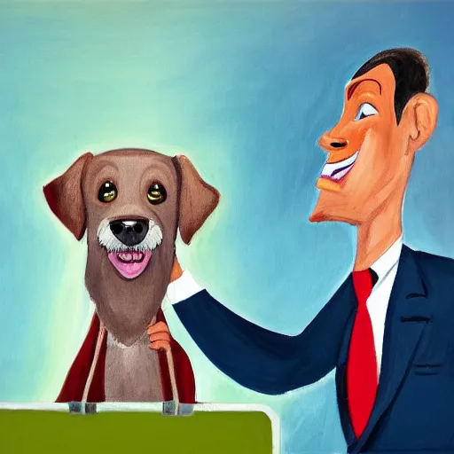 Prompt: A beautiful painting of a man, with what appears to be a dog, in a business suit with a suitcase. The man's eyes are wide and his mouth is open, as if he is screaming. The dog is also in a business suit and is looking at the man with a perplexed expression. The background is a swirl of colors and shapes. studio lighting, light violet by Wim Wenders straight