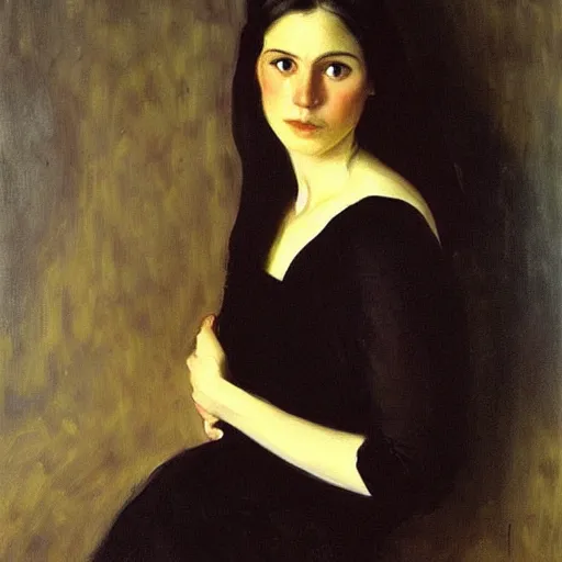 Image similar to “ dark haired girl holding infinity, very detailed, oil painting, portrait, dark background, by john singer sargent ”