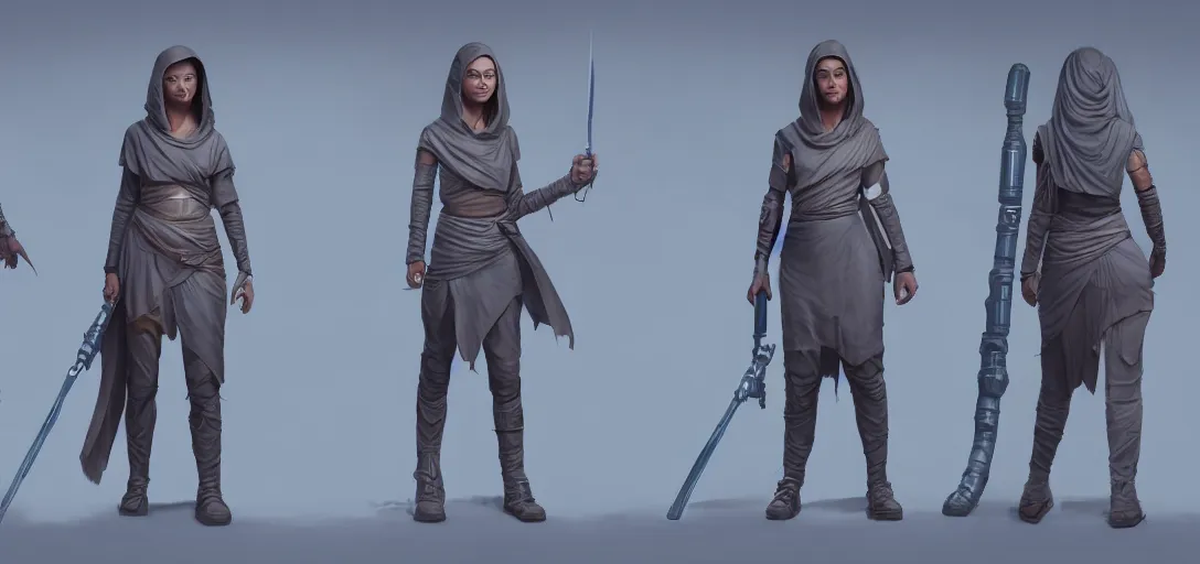 Image similar to character sheet concept art of female jedi, realistic, hyper realistic, photographic, costume, by beeple, wlop, dan mumford, greg rutkowski, matte, high detail, octane render, 8 k, intricate