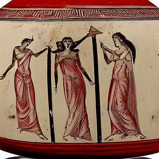 Image similar to red and black greek pottery showing hera scolding aphrodite and artemis for posting divine secrets on twitter