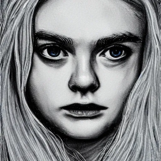 Image similar to professional painting of Elle Fanning in the style of Chris Friel, head and shoulders portrait, symmetrical facial features, smooth, sharp focus, illustration, intricate, stormy weather, extremely detailed masterpiece,