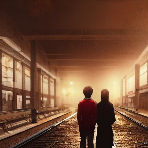 Image similar to two young lovers holding each other for the last time before they leave for war, many waiting trains, train station, lines of waiting soldier, sunset, mist, 4 k, luminist style, matte painting, artstation