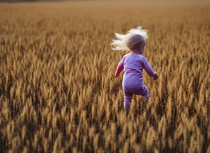 Prompt: a blond toddler seen from the back, running in a wheat field in the warm sunset light, art photograph, unsplash