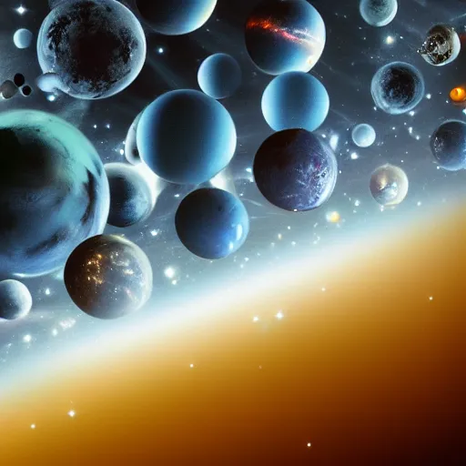 Prompt: army of balls with universes inside, hubble background, 5 5 mm