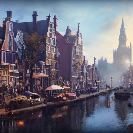 Image similar to a lively magical town inspired by victorian england and amsterdam, sunny weather, highly detailed, intricate, digital painting, trending on artstation, concept art, matte painting, art by greg rutkwowski, craig mullins, octane render, 8 k, unreal engine