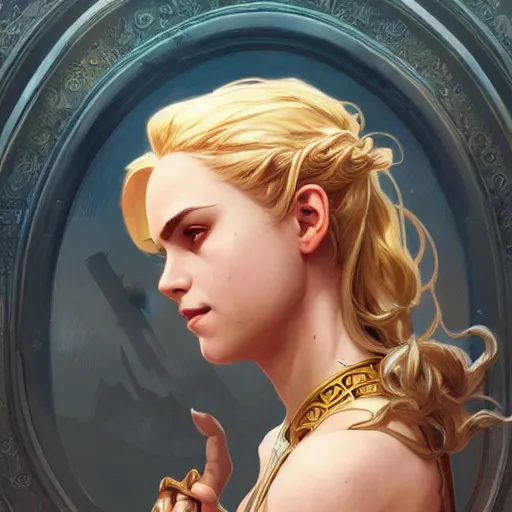 Prompt: an epic fantasy comic book style portrait painting of a young blonde girl thief, d & d, fantasy, joyful smirk, intricate, elegant, highly detailed, digital painting, artstation, concept art, matte, sharp focus, illustration, art by artgerm and greg rutkowski and alphonse mucha