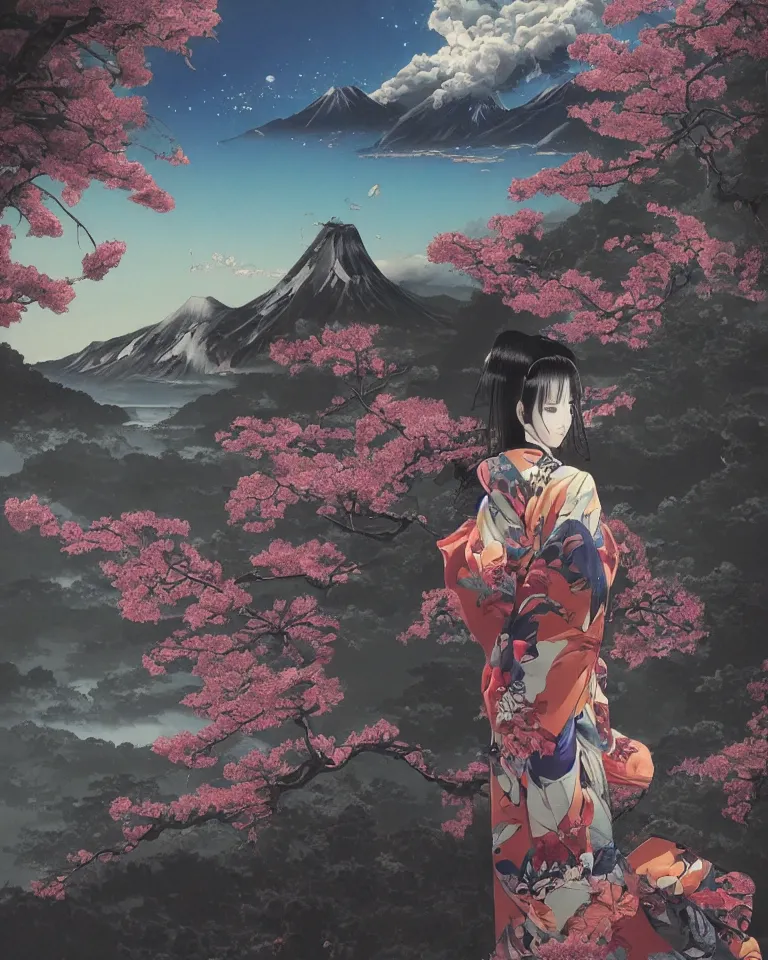 Prompt: art by katsuhiro otomo, artwork by artgerm, japanese landscape, a robot geisha facing the mountains by yuumei, portrait, kimono, water, reflection, clouds, nature, snowy peak, lake kawaguchi, sunset, neon blossoms, 4 k, fantasy art, amazing awesome and epic, ultrafine detail, ultra hd wallpaper