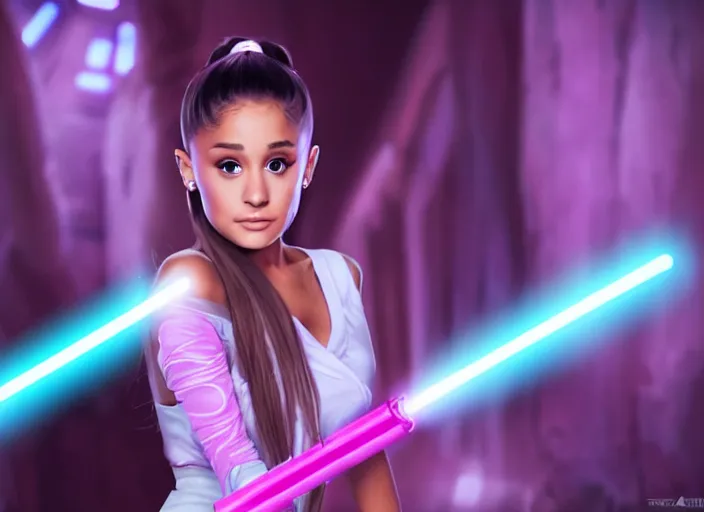 Image similar to An extremely detailed photo of Ariana Grande in the Star Wars universe with two pink lightsabers held in each hand. Maximum detail on artstation, photo realism, vivd details, vivd colour, volumetric lighting. anime art style